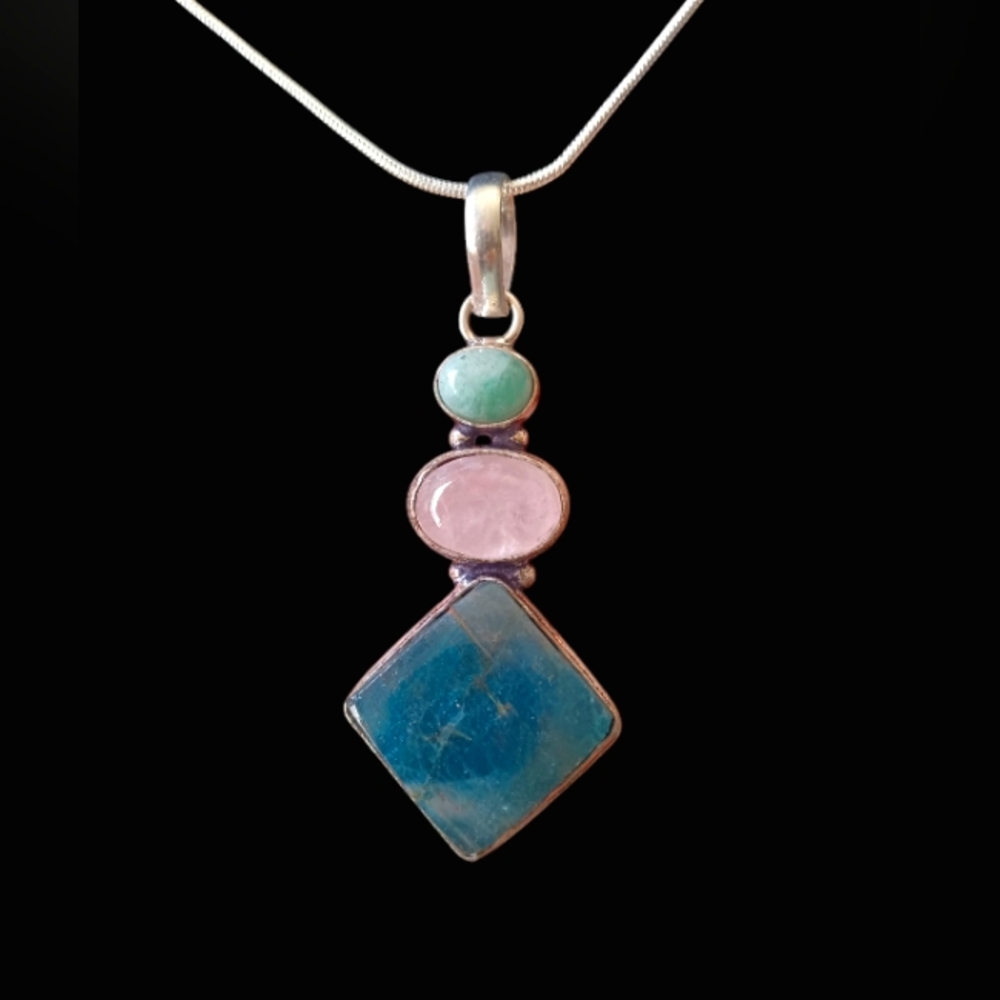 Amazing Amazonite, Rose Quartz & Blue Apatite 925 SS Pendant Necklace 18"